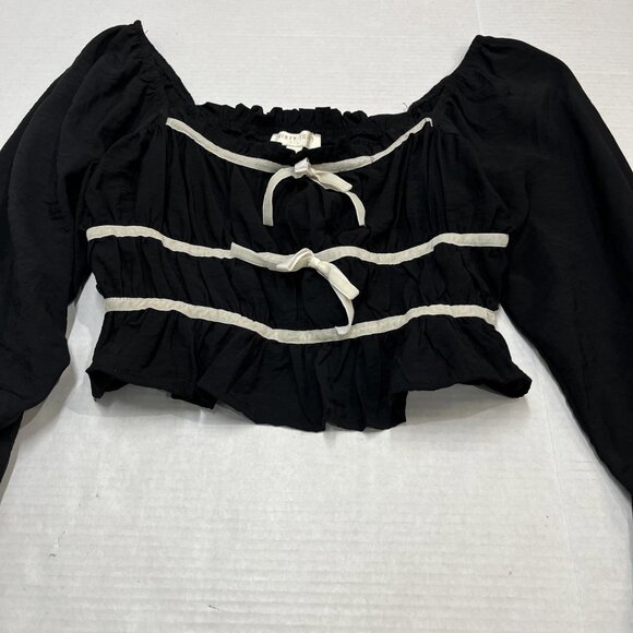 Thirty Thirty Y2K Top L‎ Black Milkmaid Cropped Puff Sleeve Smocked Coquette - Picture 3 of 9